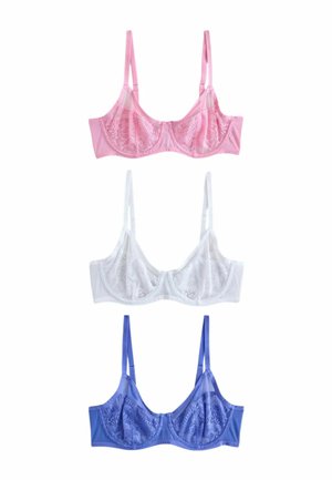 Three lace bras in pink, white, and blue, each with thin shoulder straps and underwire support, arranged vertically on a white background.