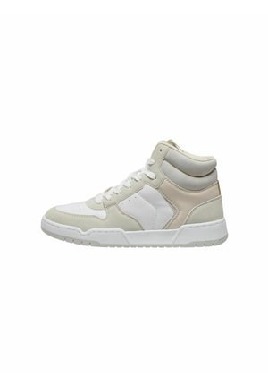 High-top sneaker featuring a white leather toe and cream suede accents, with a textured light gray panel, and a white rubber sole.