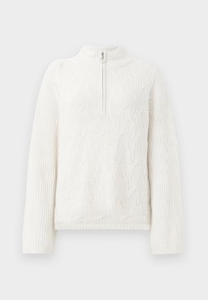 Vitt stickad pullover med hög krage och halv dragkedja. Har en texturerad kabeldesign på framsidan samt ribbade ärmar och fåll.