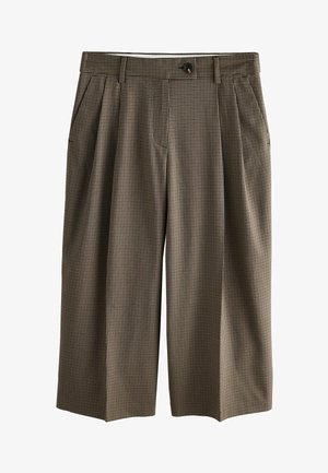 Brązowe, w kratkę kuloty z wysokim stanem, dwoma fałdami z przodu i zapięciem na guzik. Wykonane z tkaniny tkanej o miękkiej teksturze.