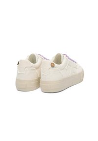 White canvas sneakers with a purple laced design, featuring a sustainable rubber sole and a brown button accent on the heel.