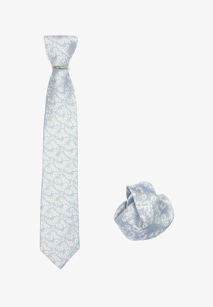 Lichtblauwe zijden stropdas met bloemenpatroon, gecombineerd met een bijpassende vlinderdas, beiden met een gladde textuur en subtiele glans.