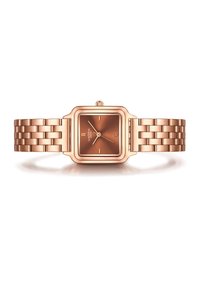 Roosa kuldne ruudukujuline kell, millel on sobiv metallist randmehind. Pruun kellaplaat sisaldab hõbedaseid tundemarkereid ja käsi ning kuupäeva kuvamist kella 3 juures.