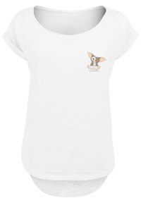 Weißes T-Shirt mit kurzen Ärmeln und rundem Halsausschnitt. Mit einem aufgedruckten Cartoon-Charakter auf der linken Brustseite. Weicher, leichter Stoff.