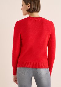 Maglione rosso lavorato a maglia con scollatura rotonda a costine, maniche lunghe e polsini a costine. Texture liscia, design aderente e vista posteriore mostrata.