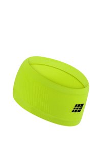 Neon-gelbe dehnbare Kopfband mit strukturiertem Oberflächenmuster und diagonalen Linien sowie einem kleinen schwarzen Logo-Detail auf einer Seite.