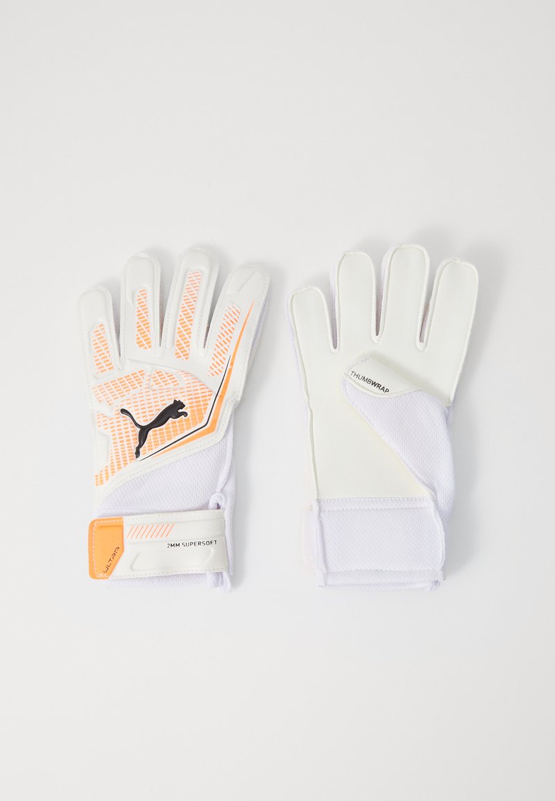 Weiße Torwarthandschuhe mit orangen Akzenten, strukturierten Grip-Pads und atmungsaktivem Mesh-Material. Inklusive verstellbarer Handgelenkschnallen.