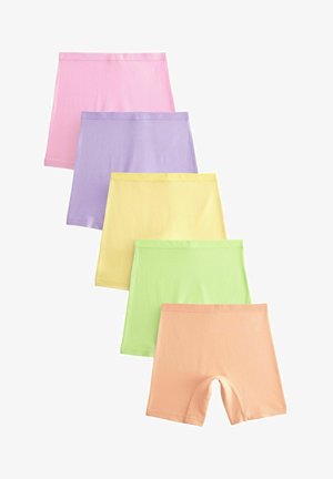 Vijf paar stretchshorts in pastelkleuren: roze, lavendel, geel, groen en perzik. Zacht katoenen materiaal met een soepele tailleband.