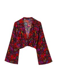 Giacca tagliata in una stampa floreale vivace e multicolore con rosso, viola e verde. Presenta maniche ampie e un décolleté profondo.