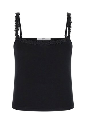 Camisole noire sans manches avec bordure en dentelle florale le long de l'encolure et des bretelles, avec une petite étiquette de marque au centre du dos.