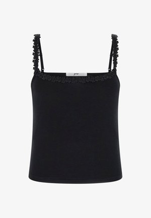 Camisole noire sans manches avec bordure en dentelle florale le long de l'encolure et des bretelles, avec une petite étiquette de marque au centre du dos.