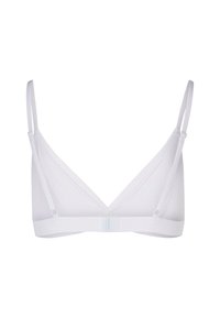 Bralette triangle blanc avec de fines bretelles ajustables, en tissu doux, au design sans coutures et avec une fermeture par crochet et œillet à l'arrière.