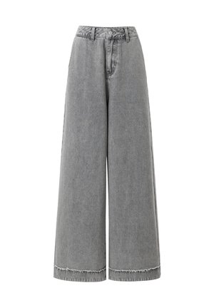 Helle graue Denim-Hose mit weitem Bein, hoher Taille, Knopfverschluss und ausgefranstem Saum. Mit klassischem Fünf-Taschen-Style und dezenten Waschungen.