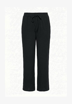 Schwarze, locker sitzende Hose mit texturierter Oberfläche, elastischem Bund und vorderem Kordelzug, gerade geschnittener Beinverlauf.