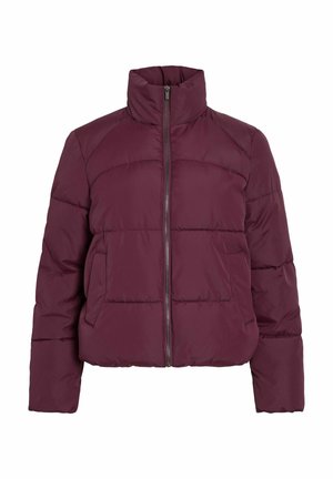 Bordowa kurtka puchowa z wysokim kołnierzem, zapięciem na zamek i kieszeniami bocznymi. Posiada pikowany wzór z widocznym wypełnieniem dla lepszej izolacji.