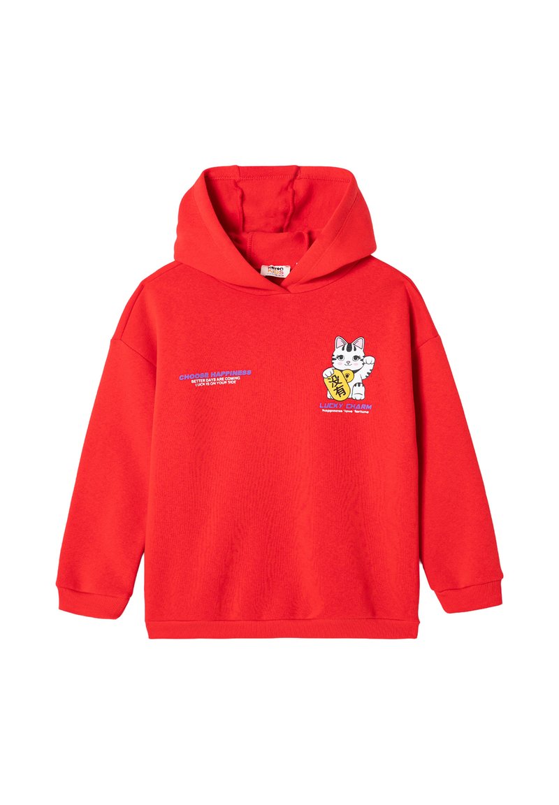 Rød hoodie med en frontlomme, snorelukning i hætten og broderet kattegrafik. Indholder tekst, der siger "Vælg Lykke" og "Heldedragt."