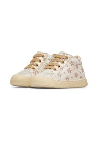 Sneakers per bambini in beige con motivi floreali, lacci testurizzati dorati e suola in gomma. Materiale morbido con design a punta arrotondata.