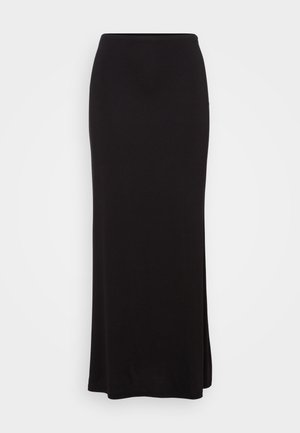 Black midi skirt made of a smooth, stretchy fabric with a fitted waist and a straight silhouette, featuring a side slit for ease of movement.