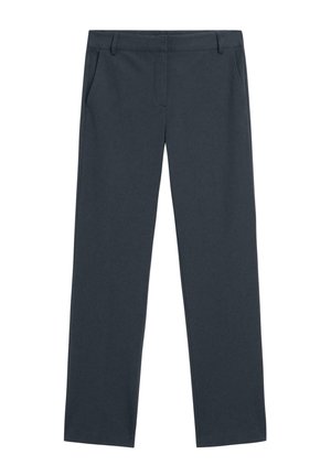 Dunkelgraue, maßgeschneiderte Hosen mit glatter Textur, geradem Bein-Design und zwei vorderen Taschen. Keine sichtbaren Muster oder Hardware.
