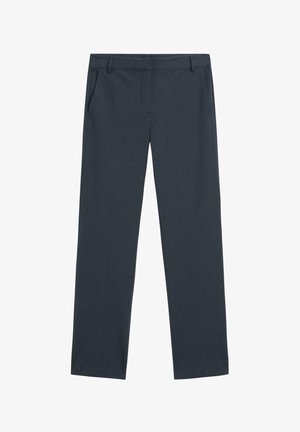 Dark gray, tailored trousers with a smooth texture, straight leg design, and two front pockets. No visible patterns or hardware.