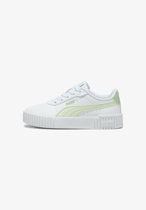 White sneaker with light green accents, synthetic leather upper, textured rubber sole, round toe, and raised branding on the heel.