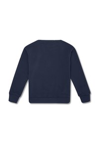 Sudadera azul marino con mangas largas, puños acanalados y cuello redondeado. Textura lisa, sin logotipos ni patrones visibles en la parte trasera.