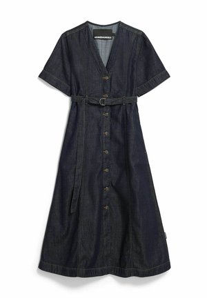 Jeanskleid in Dunkelblau mit kurzen Ärmeln, durchgehender Knopfleiste und tailliertem Bund mit Gürtel. Es verfügt über vertikale Nähte und einen ausgestellten Rock.