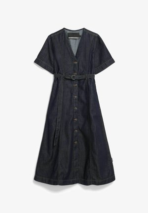 Jeanskleid in Dunkelblau mit kurzen Ärmeln, durchgehender Knopfleiste und tailliertem Bund mit Gürtel. Es verfügt über vertikale Nähte und einen ausgestellten Rock.