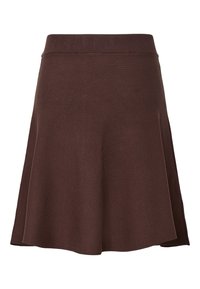 Brun A-formet nederdel med bred linning, knælængde, lavet af tekstureret stof, vist på en ensfarvet hvid baggrund.