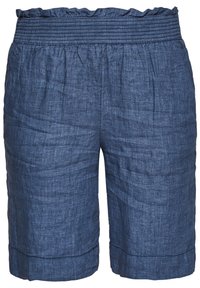 Pantalones cortos de lino azul con una cinturilla elástica con volantes, corte a la altura de la rodilla y un acabado de tela texturizada. Dobladillo sencillo en la parte inferior.