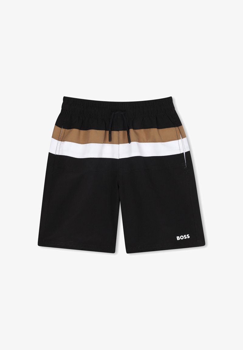 Zwarte zwemboxers met bruine, witte en zwarte horizontale strepen. Verstelbare trekkoord in de taille en logo-detail aan de onderkant rechts.