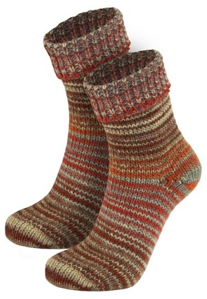 Rote und braune gestrickte Socken mit einem gerippten Bündchen, multicolor gestreiftem Muster und einer glatten, strukturierten Oberfläche, die sich gut für die Freizeit eignet.
