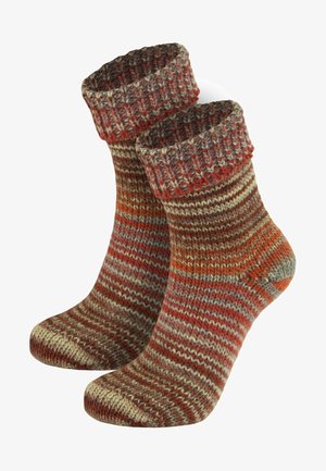 Rote und braune gestrickte Socken mit einem gerippten Bündchen, multicolor gestreiftem Muster und einer glatten, strukturierten Oberfläche, die sich gut für die Freizeit eignet.