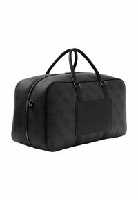 Sac de sport noir avec extérieur texturé, doté d'une fermeture à glissière, de deux poignées supérieures et d'une poche avant. Motif de logo notable sur toute la surface.