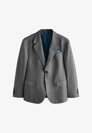 Grå blazer med en struktureret finish, to frontlommer, en enkelt sort knap og et teal satinfor, der har en lommevi.