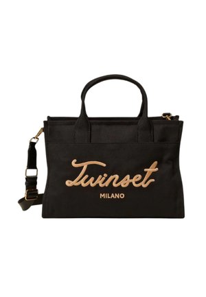 Borsa nera con due manici e tracolla regolabile, con ricamo del logo "Twinset Milano" beige sul davanti.