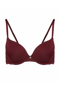 Burgundin liivinsuojus, jossa on sileät pehmustetut kupit, pitsiyksityiskohtia sivuilla ja säädettävät olkaimet. Keskellä on pieni koristeellinen solki.