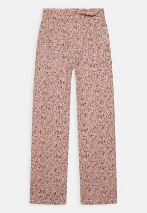 Bukser med blomstermønster lavet af blødt stof. Har elastisk talje og vidde ben med en farvepalette i rosa, grøn og beige.