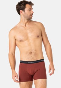 Boxers couleur bourgogne en coton doux avec une taille noire portant le nom de la marque "Eminence" en blanc. Design ajusté.