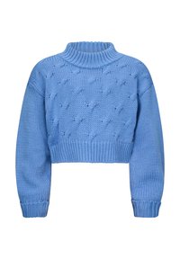 Maglione cropped lavorato a maglia di colore azzurro chiaro con colletto a coste, maniche larghe e un motivo testurizzato che presenta elementi a rilievo a forma di diamante.