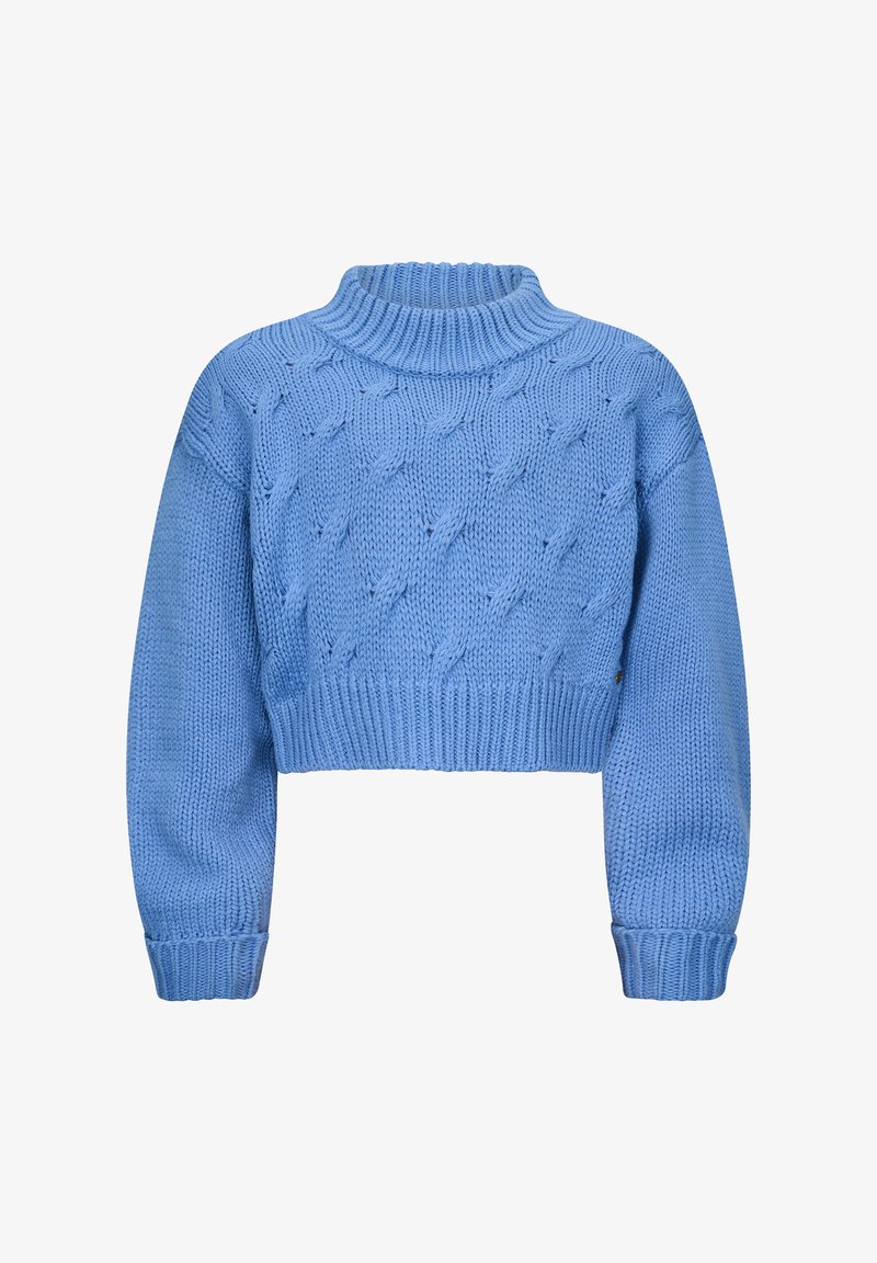 Maglione cropped lavorato a maglia di colore azzurro chiaro con colletto a coste, maniche larghe e un motivo testurizzato che presenta elementi a rilievo a forma di diamante.