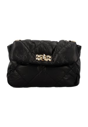 Borsa a tracolla nera trapuntata realizzata in materiale liscio, con una chiusura in metallo dorato e un design con pattina sovrapposta.