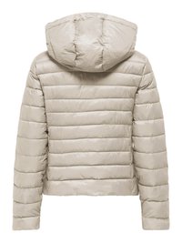 Beige puffer jacket with a hood, quilted design, and long sleeves, featuring a smooth, shiny texture and cropped length.