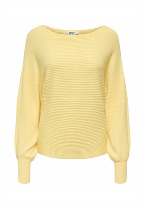 Žlutý žebrovaný svetr se širokým lodičkovým výstřihem, spadlými rameny a dlouhými přiléhavými rukávy. Měkká textura a volný střih. Značka: ONLY.