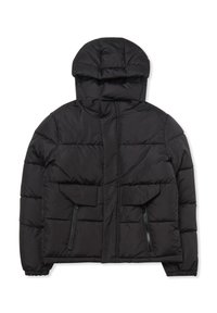 Giacca nera imbottita con cappuccio, tasche frontali con patta e chiusura a zip, polsini elasticizzati e colletto alto per il freddo.