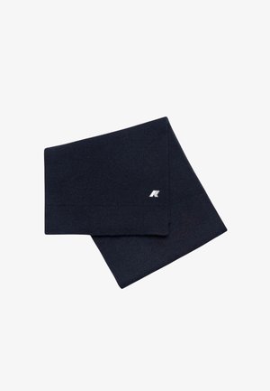 Sciarpa lavorata a maglia blu navy con una texture a coste e un piccolo logo bianco. Progettata per calore e comfort con una forma rettangolare.