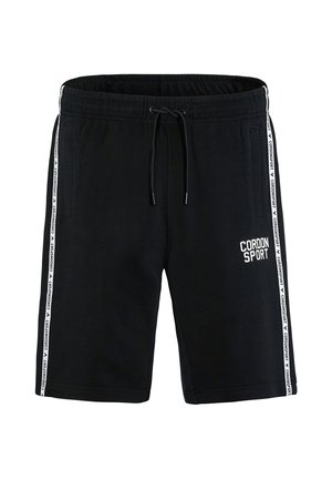 Schwarze Sportshorts mit Seitentaschen, weißes "CORDONSPORT"-Logo am linken Bein, weiße Markenstreifen entlang der Außennähte und verstellbarer Kordelzugbund.