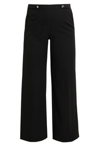 Pantalons larges noirs en tissu lisse, avec une taille mi-haute, deux poches avant et deux boutonnières à la taille.