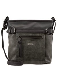 Petit sac bandoulière en cuir gris foncé, avec une partie supérieure texturée, une section inférieure lisse, une poche zippée à l'avant et une sangle réglable.