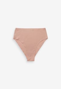 Nahtlose, hoch taillierte Damenunterwäsche in Nude-Beige mit glatter Struktur und mittlerer Bedeckung vor weißem Hintergrund.